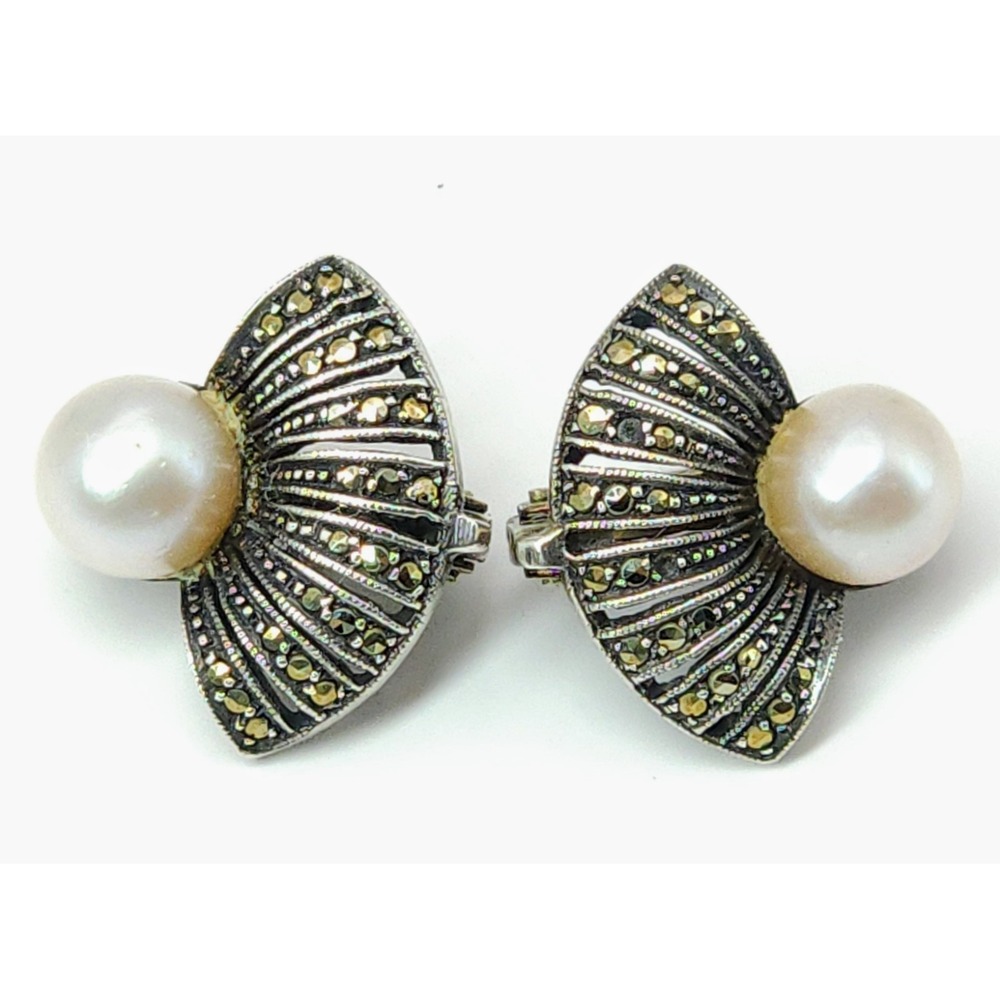 Signed TF Theodor Fahrner Clip on Earrings Pearl Marcasite Stone Fan 900 Silver - Picture 3 of 13